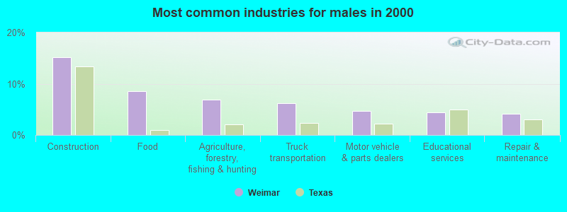 Most common industries for males in 2000