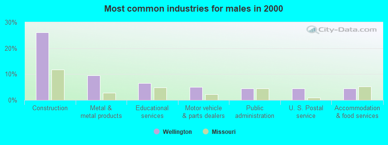 Most common industries for males in 2000