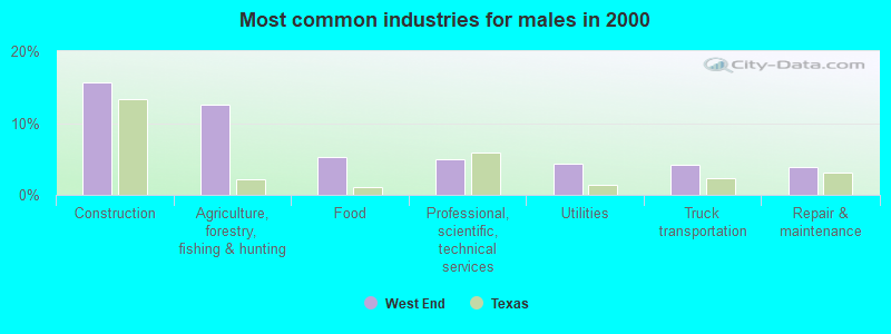 Most common industries for males in 2000