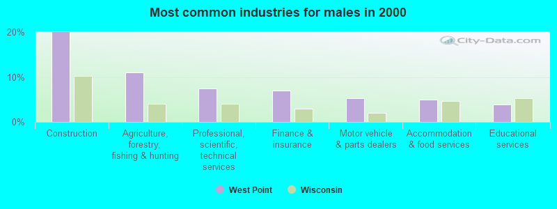 Most common industries for males in 2000