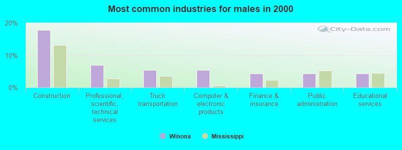 Most common industries for males in 2000