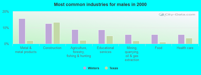 Most common industries for males in 2000