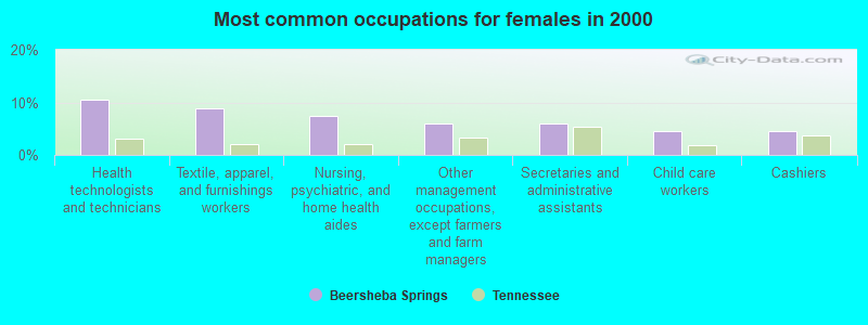 Most common occupations for females in 2000