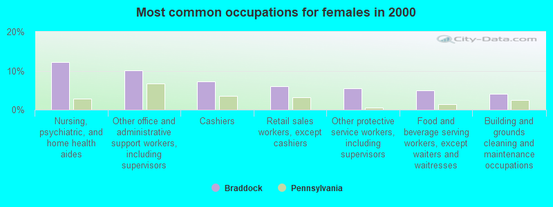 Most common occupations for females in 2000