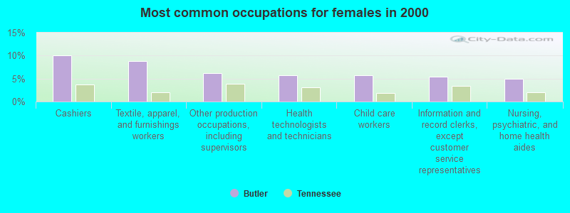 Most common occupations for females in 2000