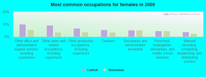 Most common occupations for females in 2000