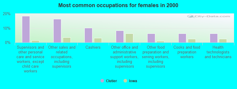 Most common occupations for females in 2000