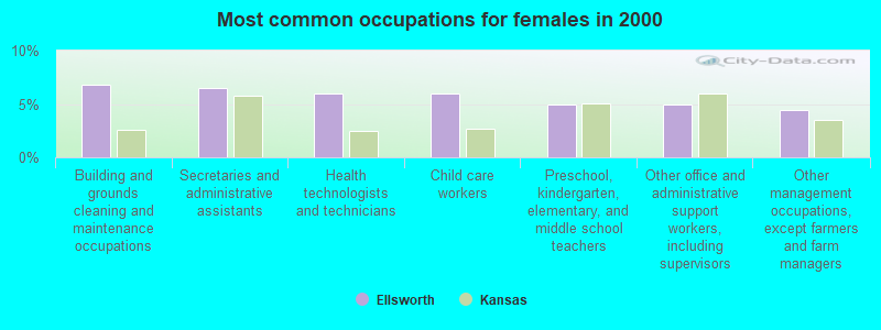 Most common occupations for females in 2000