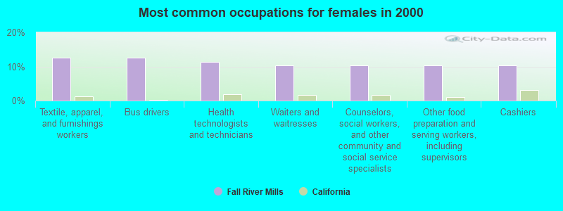 Most common occupations for females in 2000