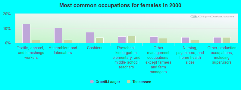 Most common occupations for females in 2000