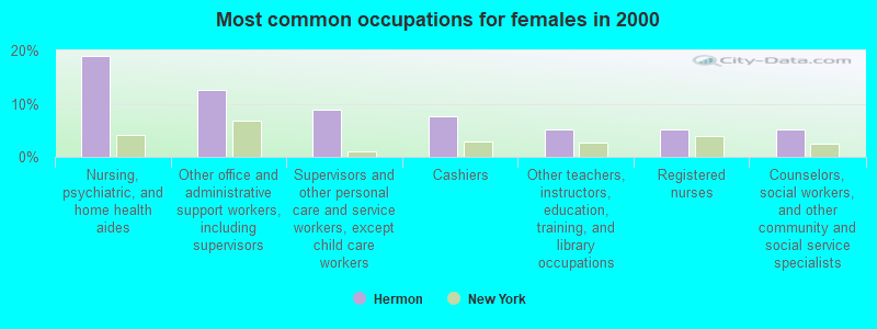 Most common occupations for females in 2000