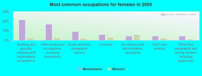 Most common occupations for females in 2000