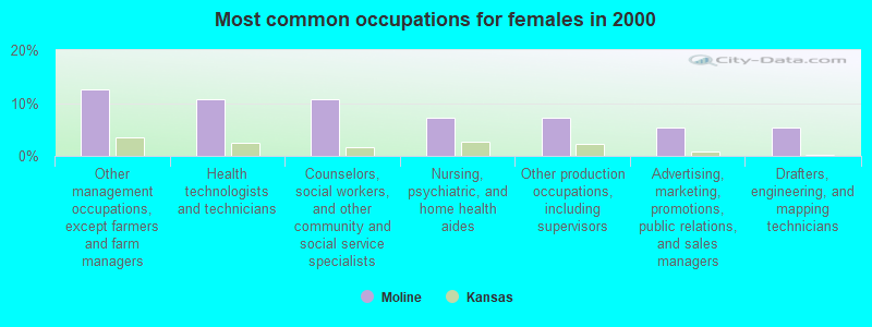 Most common occupations for females in 2000