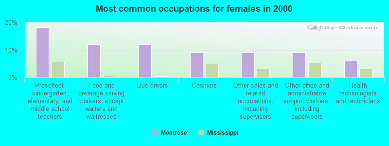 Most common occupations for females in 2000