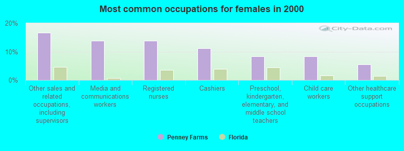 Most common occupations for females in 2000