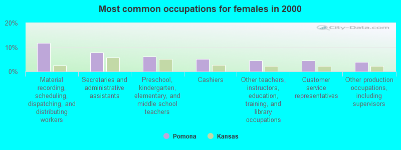 Most common occupations for females in 2000