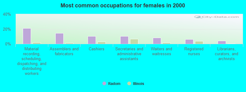 Most common occupations for females in 2000