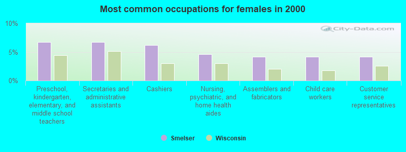 Most common occupations for females in 2000