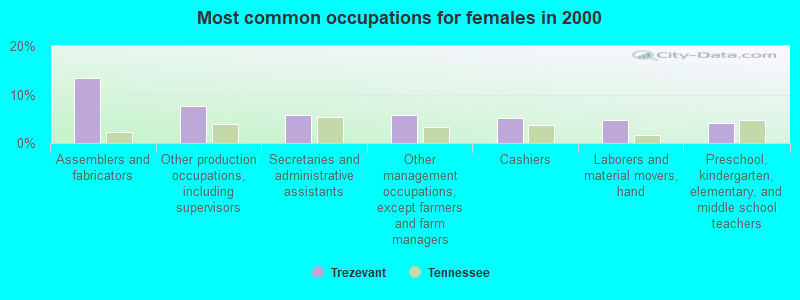 Most common occupations for females in 2000