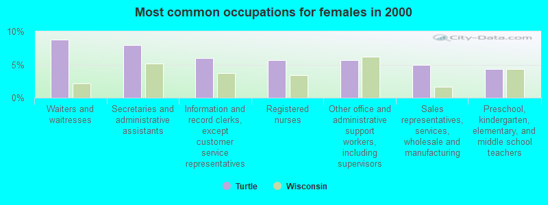 Most common occupations for females in 2000