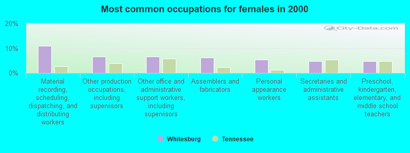 Most common occupations for females in 2000