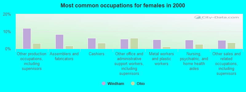 Most common occupations for females in 2000