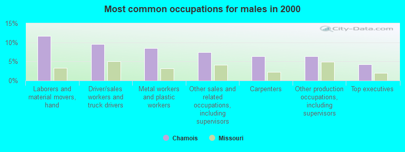 Most common occupations for males in 2000