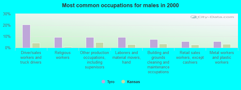 Most common occupations for males in 2000