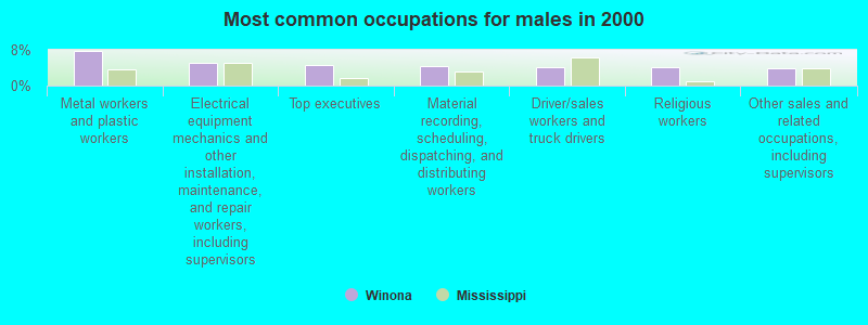 Most common occupations for males in 2000