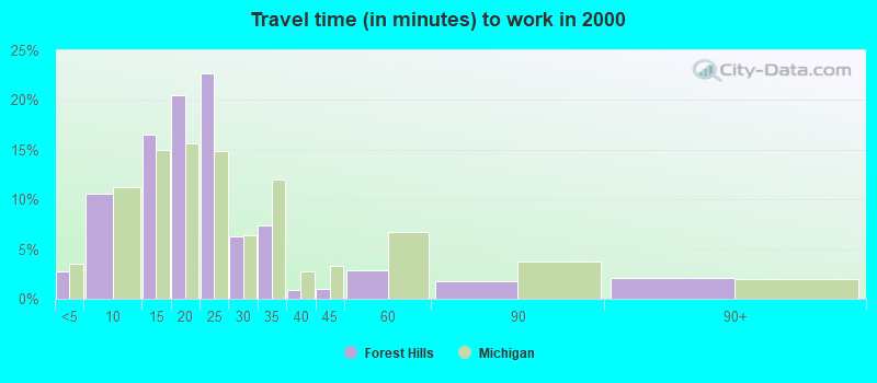 Travel time (in minutes) to work in 2000