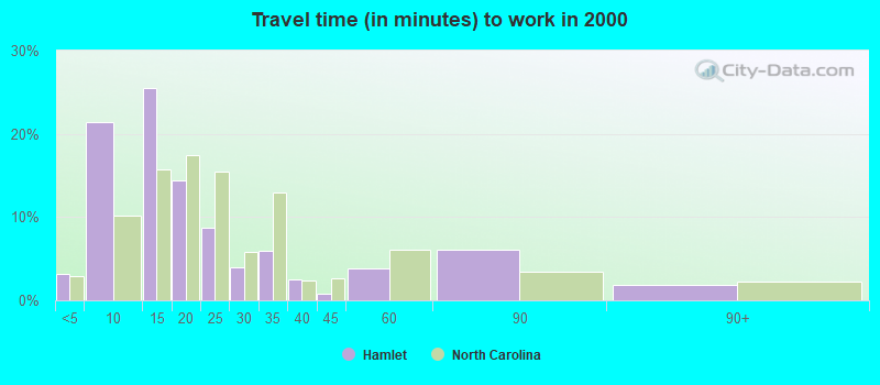 Travel time (in minutes) to work in 2000