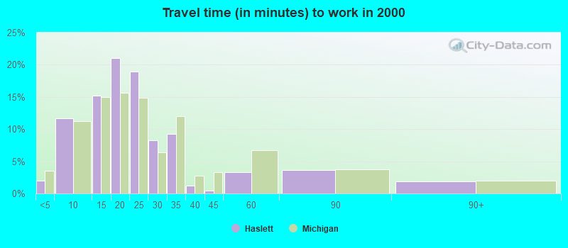 Travel time (in minutes) to work in 2000