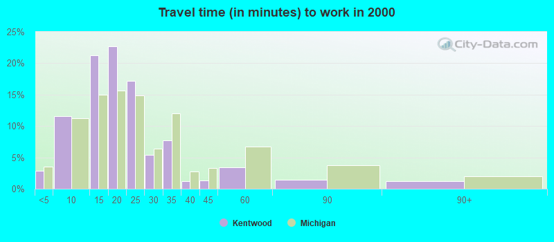 Travel time (in minutes) to work in 2000