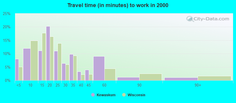 Travel time (in minutes) to work in 2000