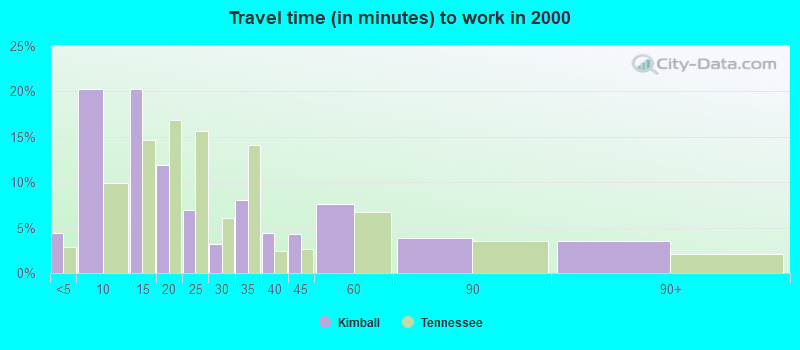 Travel time (in minutes) to work in 2000