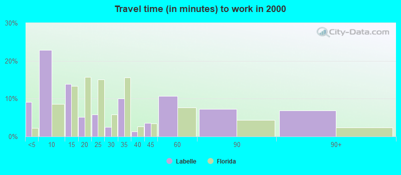 Travel time (in minutes) to work in 2000