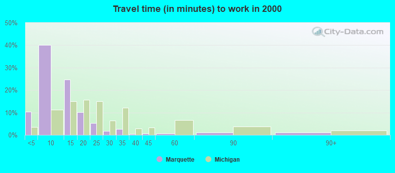 Travel time (in minutes) to work in 2000