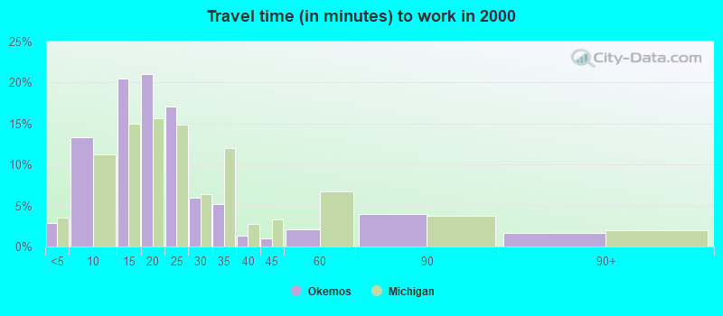 Travel time (in minutes) to work in 2000