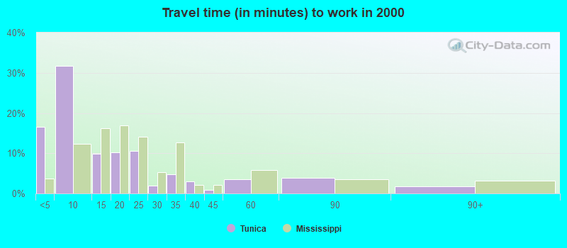 Travel time (in minutes) to work in 2000