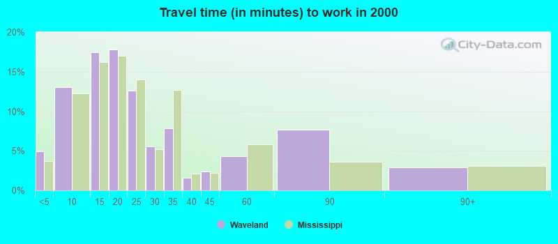 Travel time (in minutes) to work in 2000