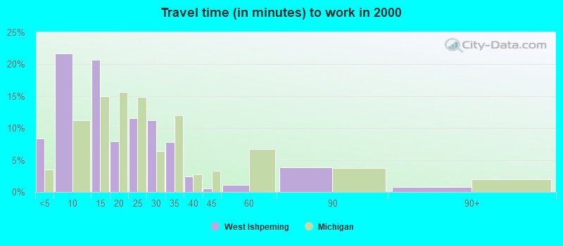 Travel time (in minutes) to work in 2000