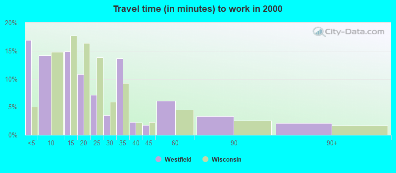 Travel time (in minutes) to work in 2000