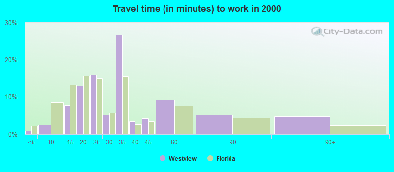 Travel time (in minutes) to work in 2000