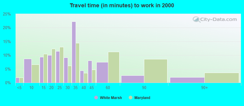 Travel time (in minutes) to work in 2000