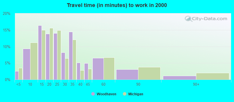 Travel time (in minutes) to work in 2000