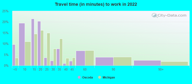 Travel time (in minutes) to work in 2022