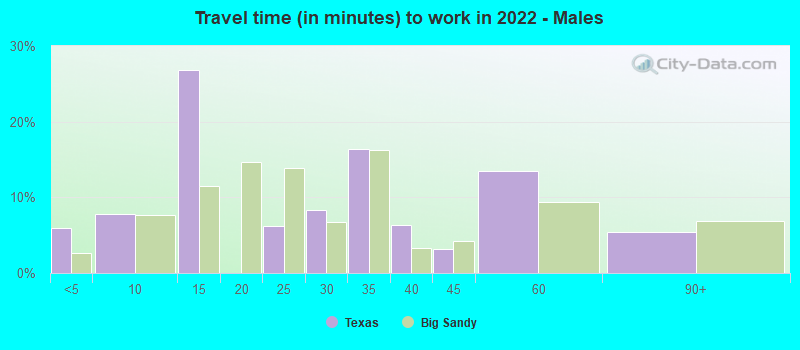 Travel time (in minutes) to work in 2022 - Males