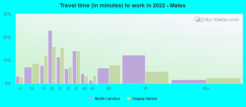 Travel time (in minutes) to work in 2022 - Males