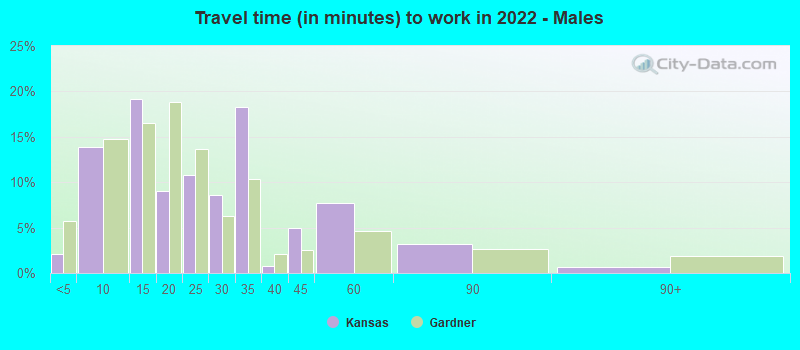 Travel time (in minutes) to work in 2022 - Males