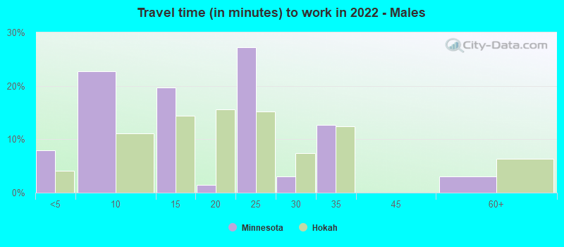 Travel time (in minutes) to work in 2022 - Males